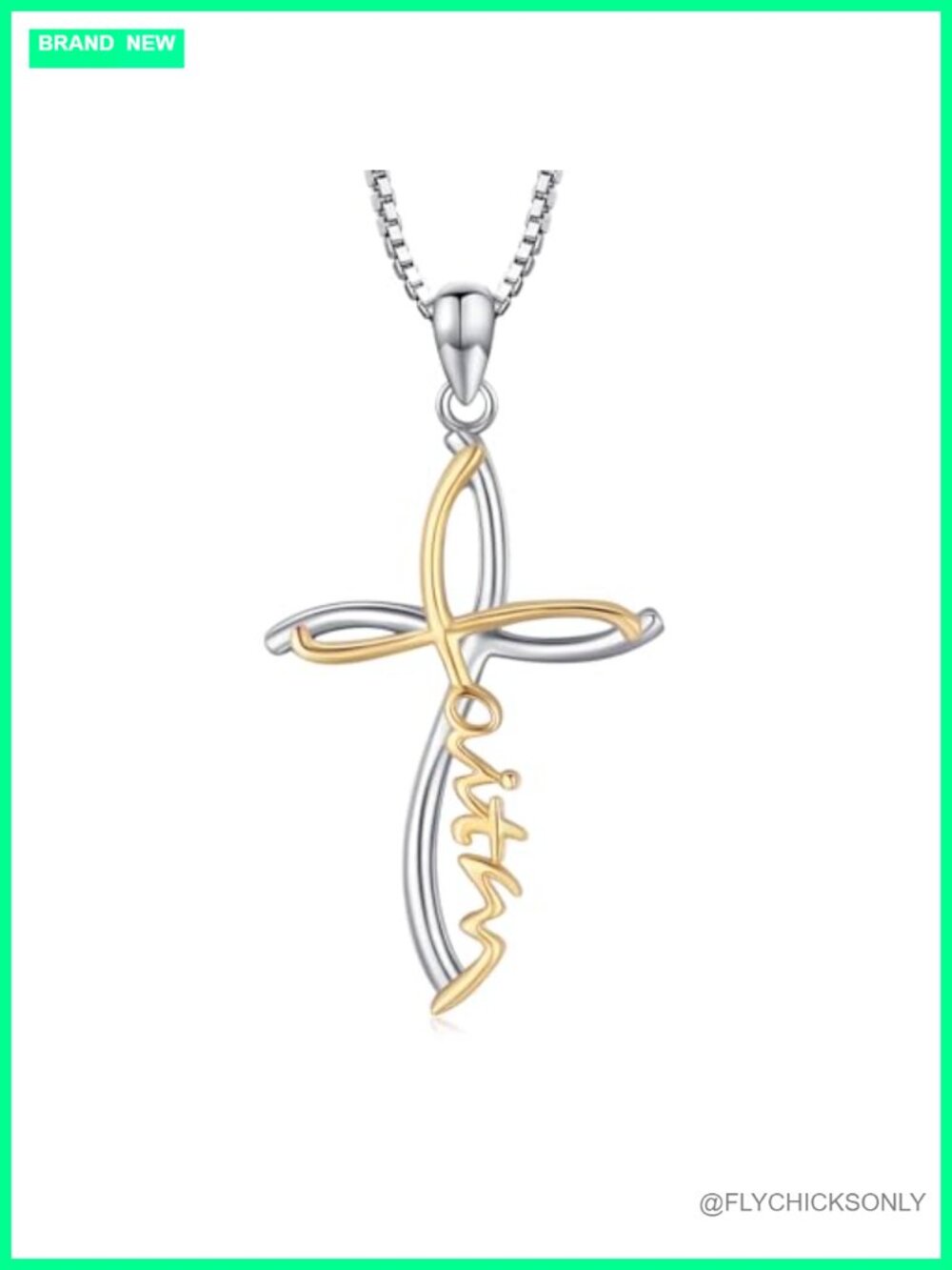 925 Sterling Silver Two-Tone Faith Cross Pendant Necklace 18+2 Inch Christian